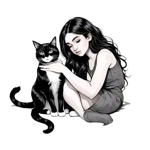 Girl And Cat Sitting