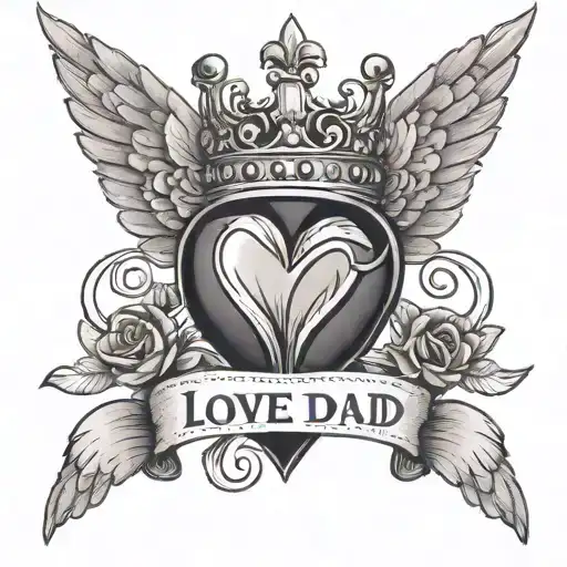 Love Heart With Crown Or Wings For Dead Dad Delicate Outline