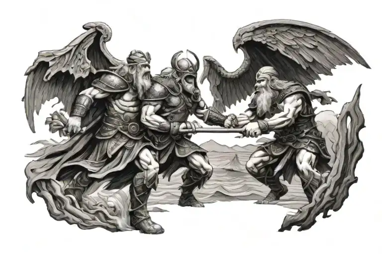 Odin Battle Against The Giants In Front Of A Sea In The Background