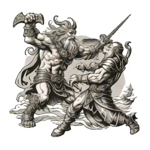 Odin Battle Against The Giants In Front Of A Sea In The Background