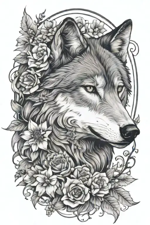 Wolf Surrounded By Flowers