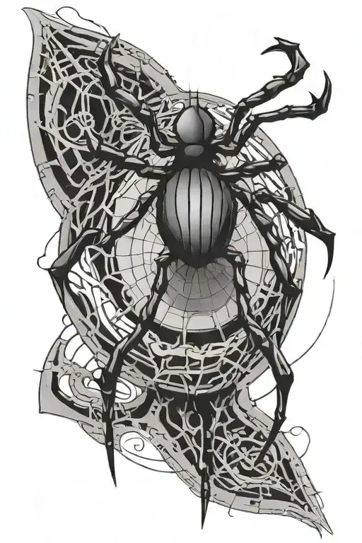 Black Spider With An Eye On The Back Surrounded By A Tall Cybersigilism Design