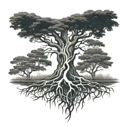 Tree With Roots With A Famely Standing Besides