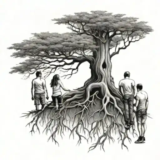 Tree With Roots With A Family Standing Besides