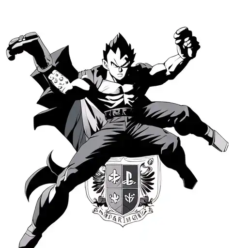 Vegeta In The Air With Under His Right Arm A Coat Of Arms And His Left Arm Carrying A Playstation