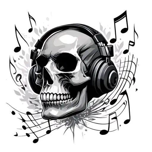 Music And Skull Wearing Headphones Surrounded By Musical