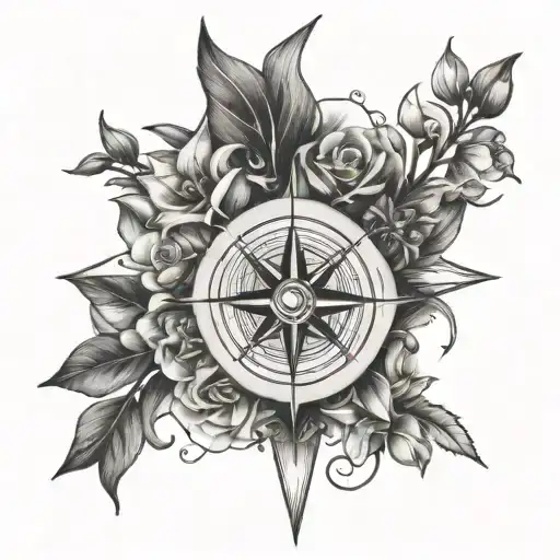 Compass And Rose With Larkspur Flowers Intertwined