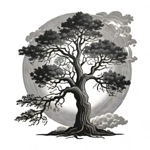 Tree With Small Sun Rising Behind It From Bottom