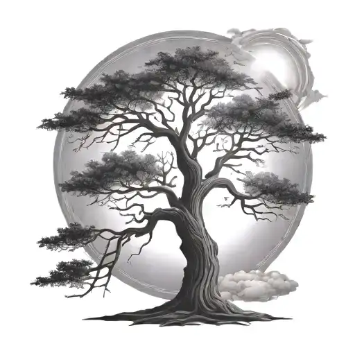 Tree With Small Sun Rising Behind It From Bottom