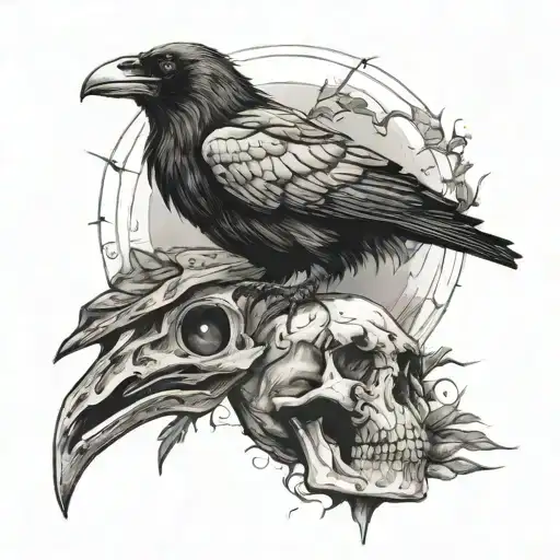 Raven Skull With Third Eye And Crow Standing On It