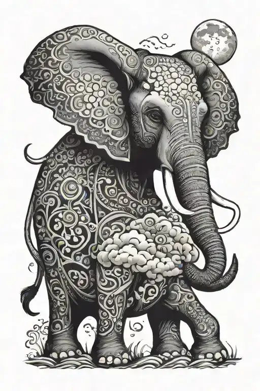 Elephant With A Full Moon With Cloud