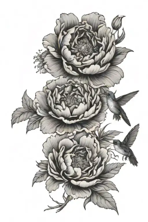 Large Peonie With Smaller Flowers And Hummingbird