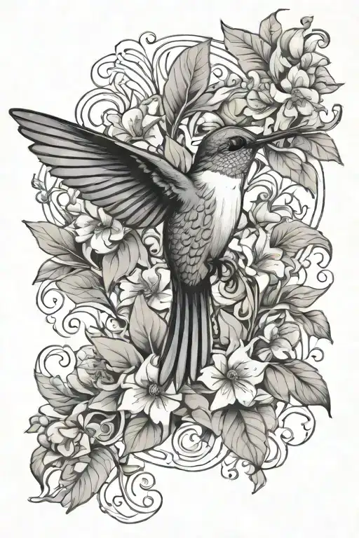 Leaves Flowers And Hummingbird