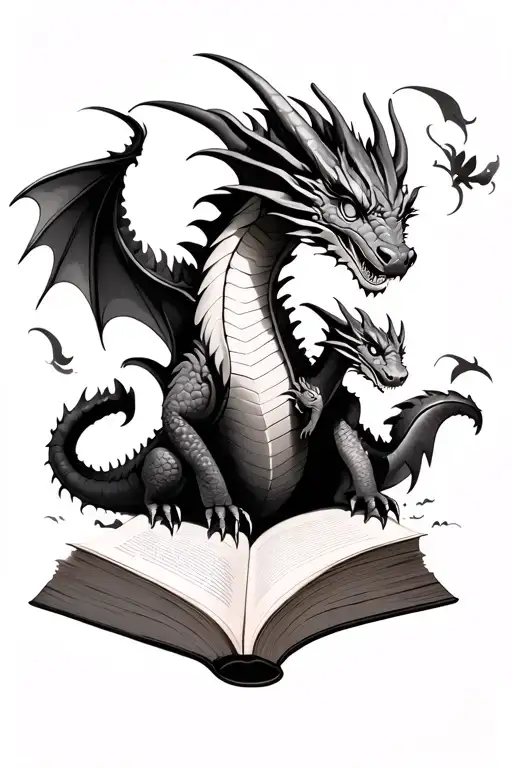Simple Feminine Adult Dragon With A Baby Dragon Flying Out Of A Book