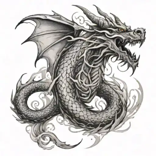 Black And White Dragon In S Shape With Smoke Out Of His Nose