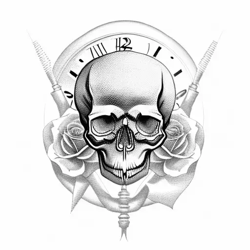 Skull With Roses And A Clock And Hourglass