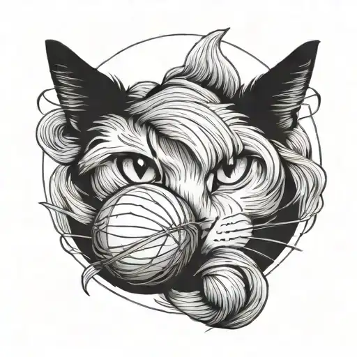 Minimalist Fine Line Cat Tattoo Chasing Yarn Ball