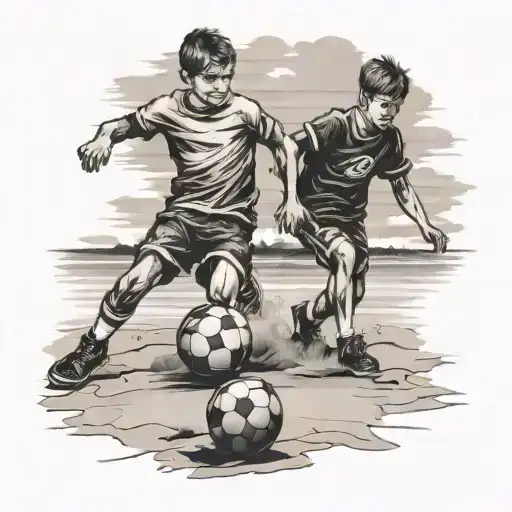 Boys Playing Soccer On Beach Sunset