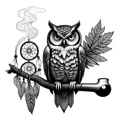Owl Smoking A Bong Sitiing On Dream Catcher