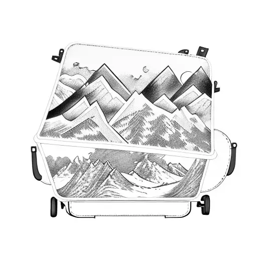 A Vintage Suitcase With Travel Stickers Depicting Different Mountain Landscapes