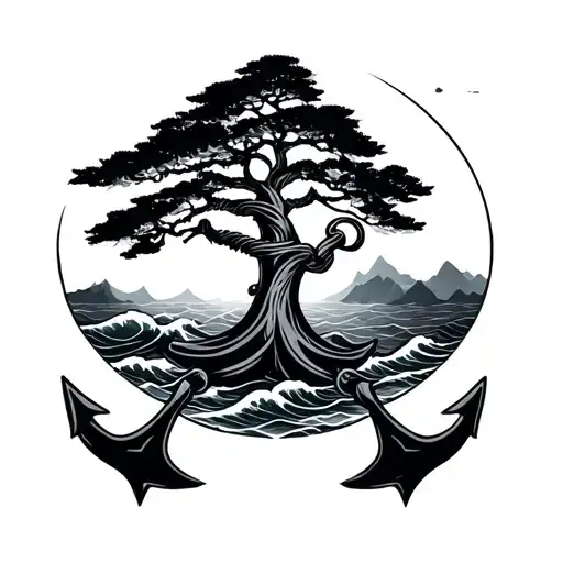 Tree And Anchor And Waves Japanese Style
