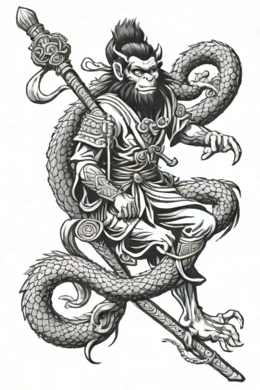 The Monkey King Sits On A Stick And There Is A Dragon Around The Stick