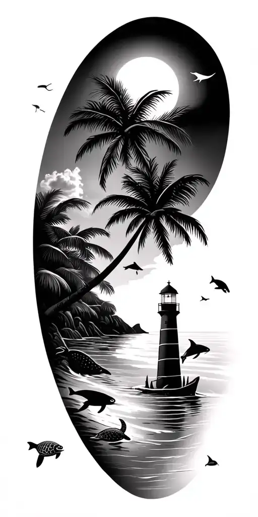Tropical Beach Scene With Palm Trees And Sun And Turtles And Dolphins And Fish And A Lighthouse