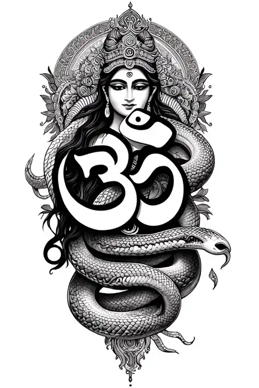 Om Symbol Intertwined With Goddess And Snakes