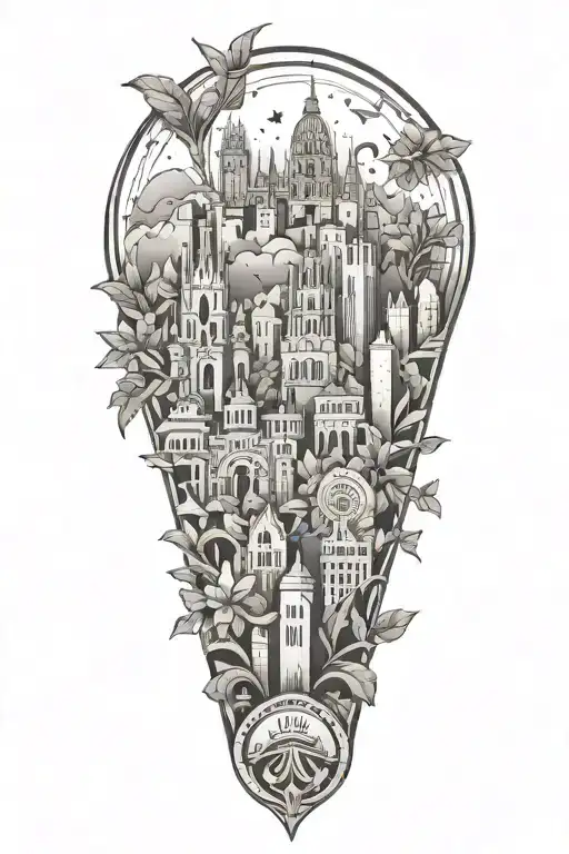 Abstract Tattoo Design Featuring A Combination Of Barcelona Landmarks And Spanish Plants