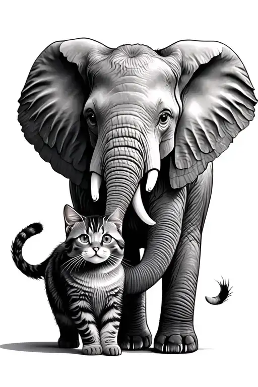 Elephant And A Cat Curled