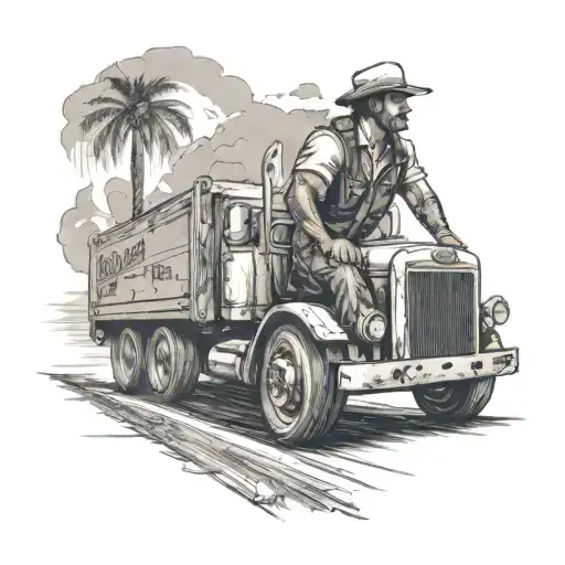 Create A Tattoo Of A Truck Driver Cruising Down A Highway With A Guitar Strapped To His Back