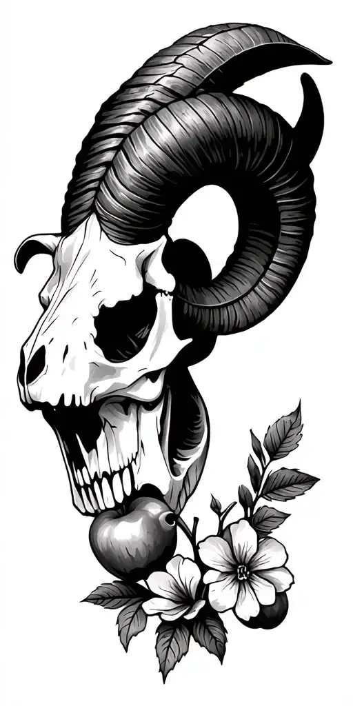 Ram Skull With Apple Flowers And Leafs Around Horns