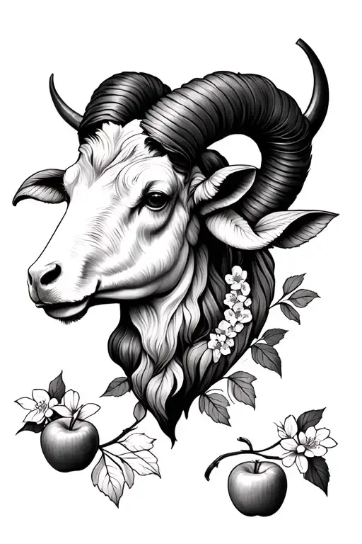 Aries Head With Apple Flowers And Leafs Around Horns Traditional Style