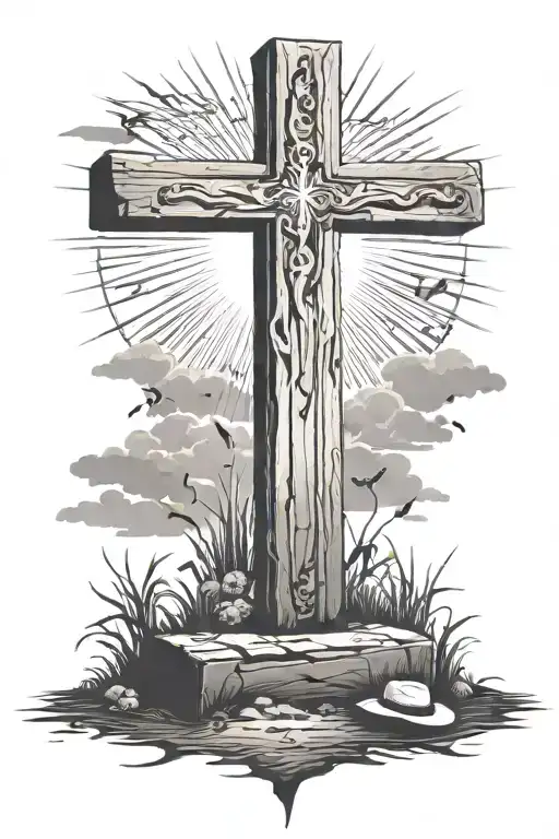 Wooden Cross Tomb In The Ground With A Cowboy Hat On It With Sun Rays In The Background