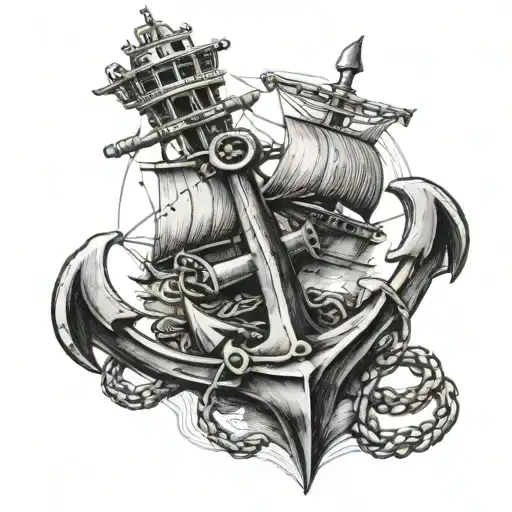 Navy Anchor With Battle Ship To The Left Of It