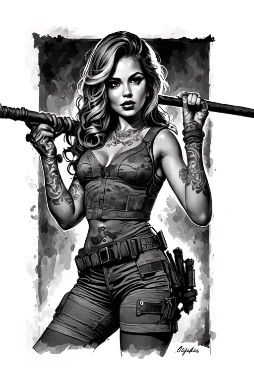 Army Pin-up Girl Holding Long Stick