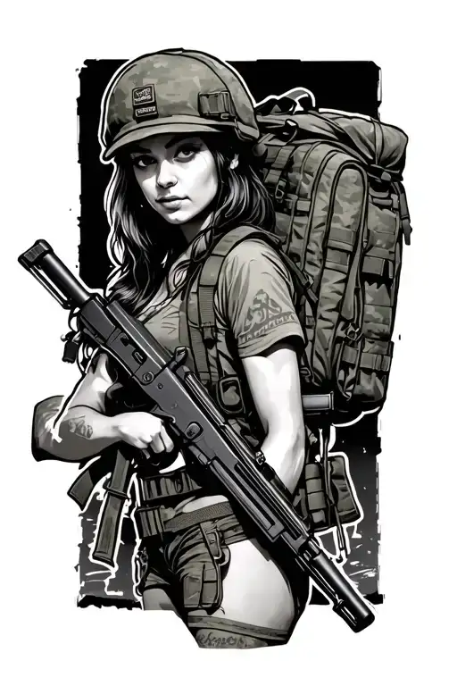 Army Pin-up Girl With Backpack And Rifle