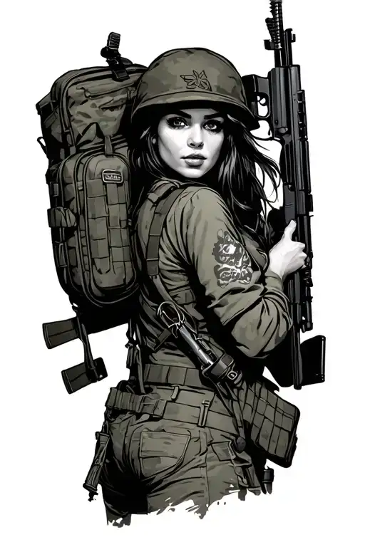 Army Pin-up Girl With Backpack And Rifle