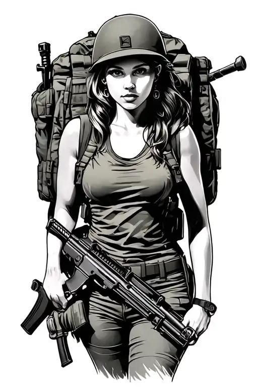 Army Pin-up Girl With Backpack And Rifle