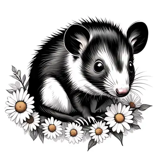 Baby Possum Outline With Daisies Intertwined
