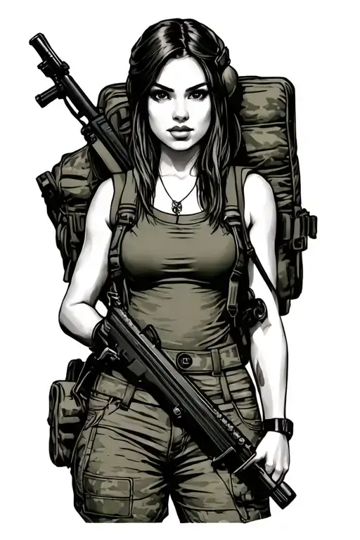 Army Pin-up Girl With Backpack And Rifle