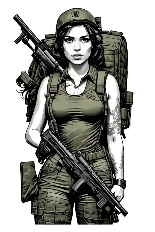 Army Pin-up Girl With Backpack And Rifle
