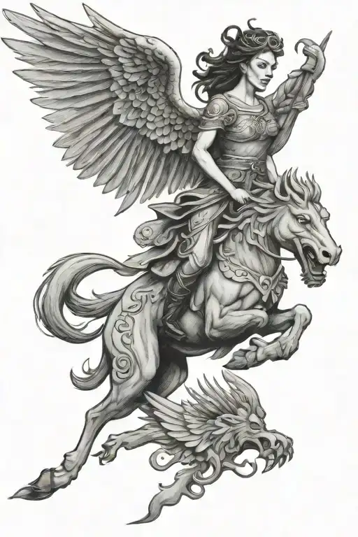 Celtic Warrior Woman Riding A Griffin Soaring