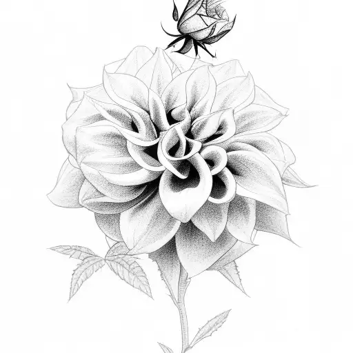 A Black-grey Design Featuring A Blooming Dahlia And Climbing Rose Vines