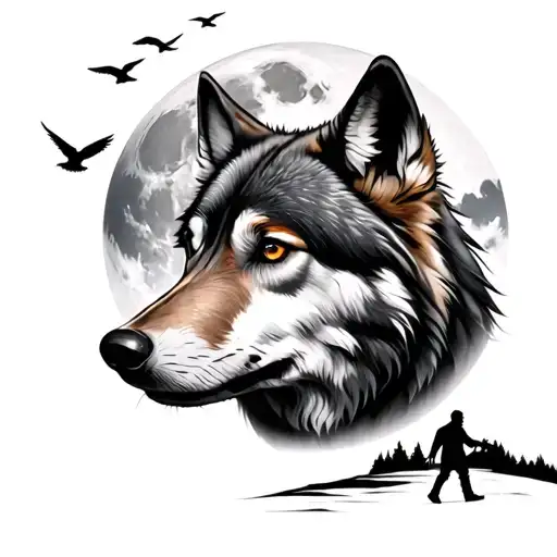 A Wolf Looking At The Moon With Birds In The Background And A Man Walking On The Moon