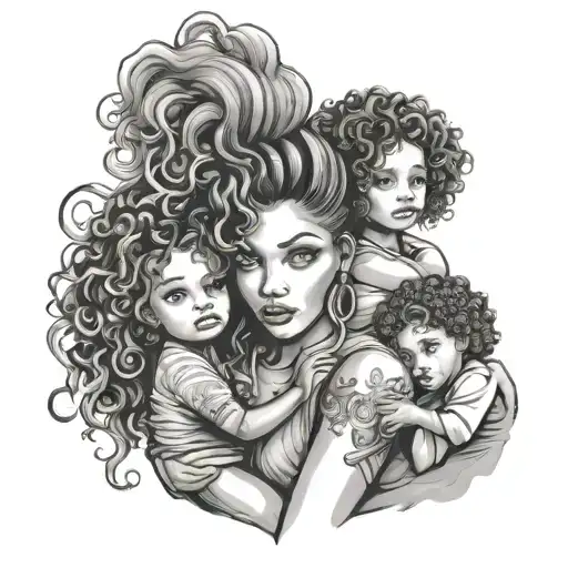 Fierce Woman Holding And Protecting Her 2 Little Girls With Curly Hair