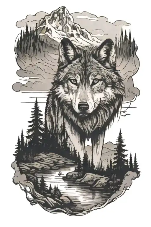 Wolf In Forest And Mountain Landscape And A Lake