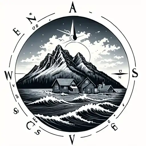 Compass Mountain With Cottage Scene And Waves Minimal