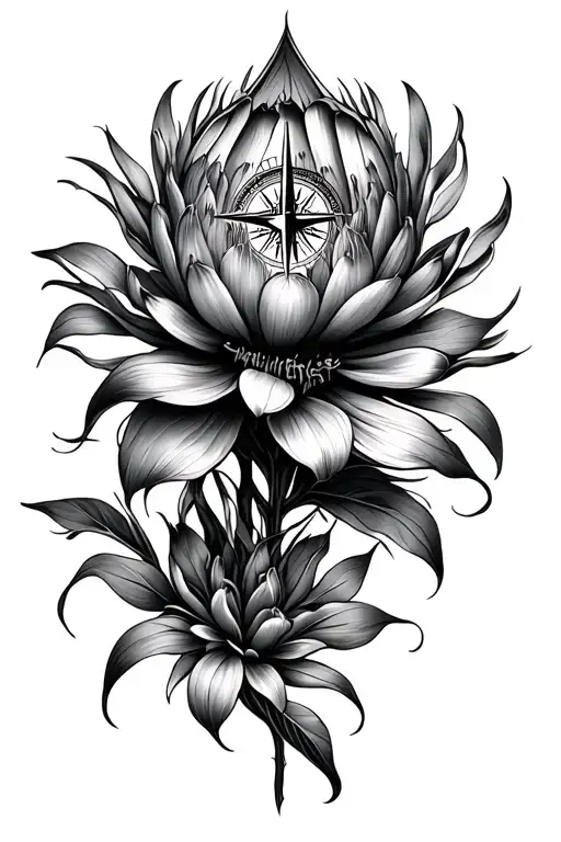 Compass And Protea Flower Intertwined