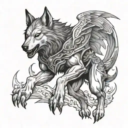 Fenrir Wolf With Armor Clad Angel Wielding Full Hand